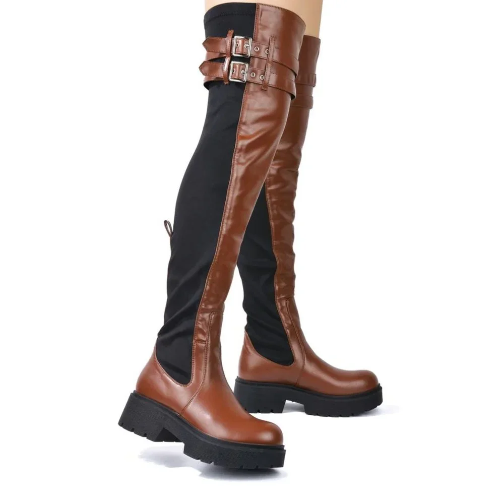 Techno Baby Brown Lycra Stretch Lug Sole Thigh High Combat Rider Brand New